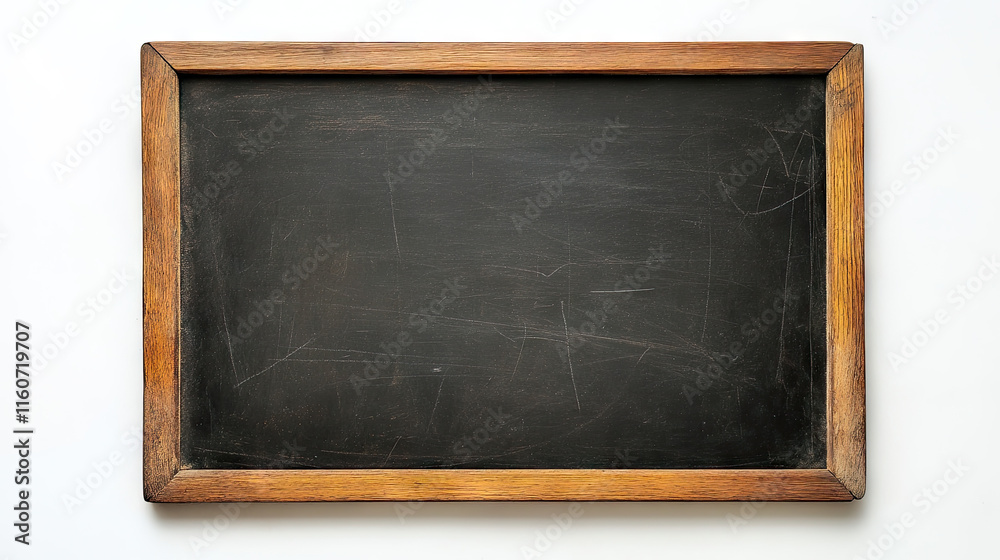 A blank chalkboard with a wooden frame on a white background A blank chalkboard with a wooden frame on a white background