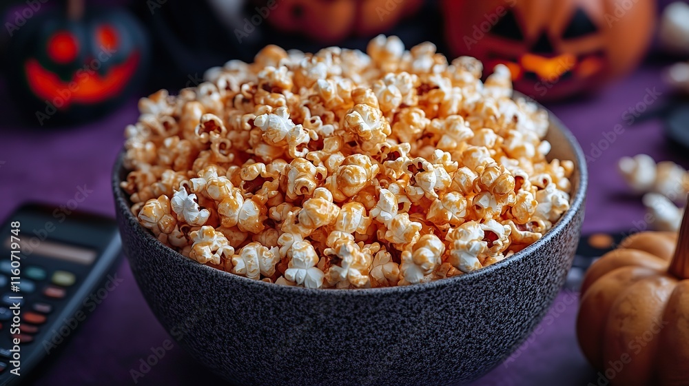 A bowl of caramel popcorn sits with a remote control and spooky Halloween decorations on a purple background