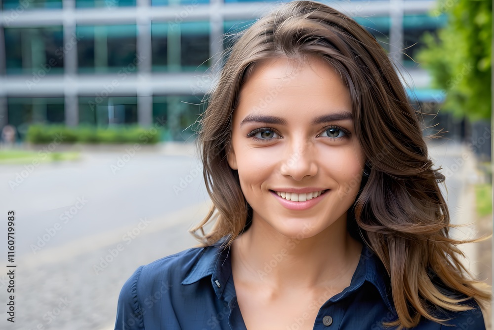 Happy young businesswoman in a blue shirt standing outside office building with copy space. Happy young businesswoman in a blue shirt standing outside office building with copy space.