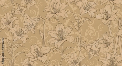Wallpaper Mural Vintage luxury seamless floral background with golden lilies flowers amaryllis. Romantic pattern template for wall decor, wallpaper, wedding invitations, ceremonies, cards.  Torontodigital.ca