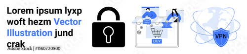 People shopping online with cart and lock illustration, protected by a VPN shield. Ideal for privacy, cybersecurity, online shopping security, internet safety, e-commerce, VPN services, digital