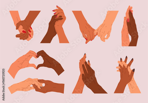 Set of two interracial lovers hands together. Diverse hands of couple touching and holding each other. Concept of relationship, love, feelings, intimate moment. Illustration for Valentine's day design