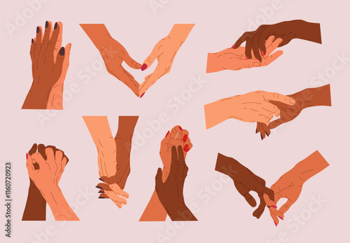 Set of two interracial lovers hands together. Diverse hands of couple touching and holding each other. Concept of relationship, love, feelings, intimate moment. Illustration for Valentine's day design