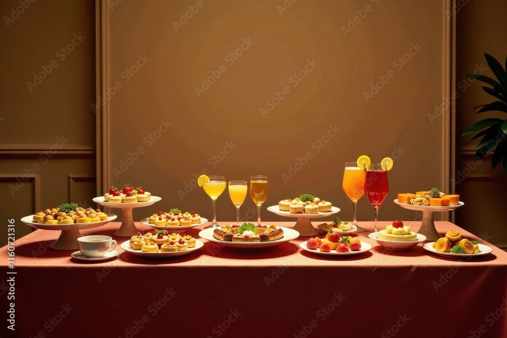 An Elegant Dessert and Cocktail Table Setting Featuring a Variety of Sweet Treats and Refreshing Beverages An Elegant Dessert and Cocktail Table Setting Featuring a Variety of Sweet Treats and Refreshing Beverages