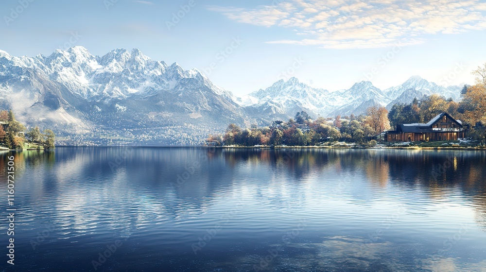 Naklejka premium beautiful lake surrounded by mountains, crystal-clear water, snow-capped peaks, reflection in water, serene atmosphere, peaceful outdoors