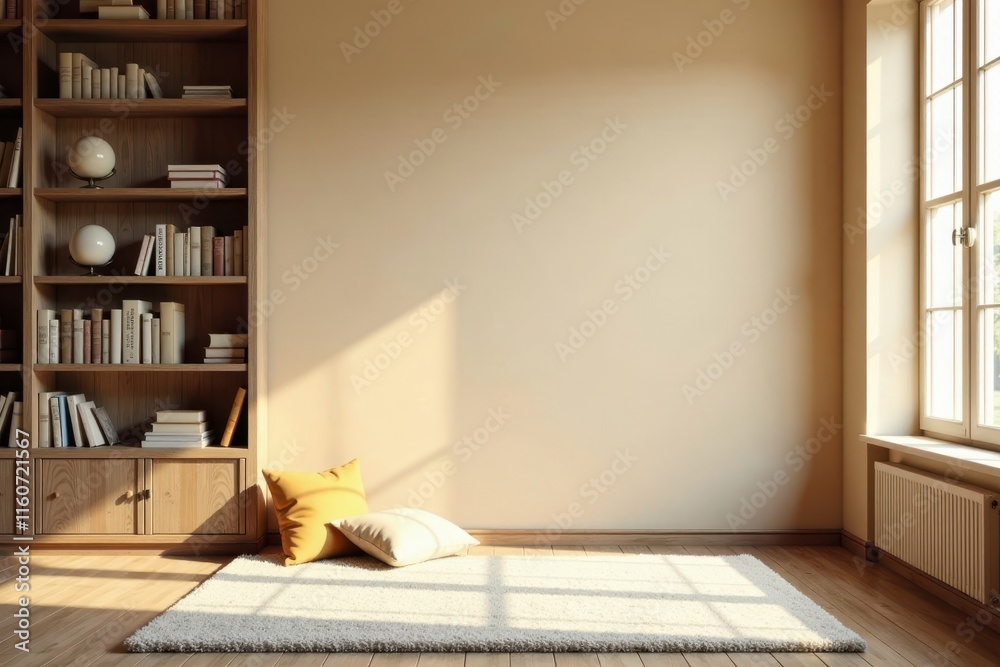 Fototapeta premium Serene Room Interior Design with Wooden Bookcase, Soft Pillows, and Sunlight Streaming Through Window