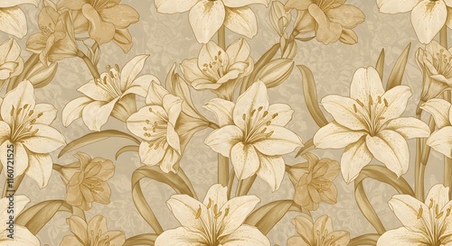 Vintage luxury seamless floral background with golden lilies flowers amaryllis. Romantic pattern template for wall decor, wallpaper, wedding invitations, ceremonies, cards. 