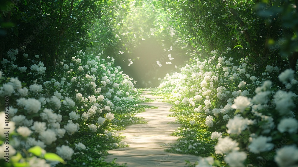 Fototapeta premium A serene pathway lined with lush greenery and vibrant white flowers.