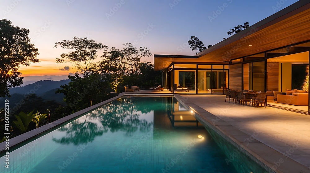 Fototapeta premium Modern villa with infinity pool at sunset, overlooking mountains and lush greenery.