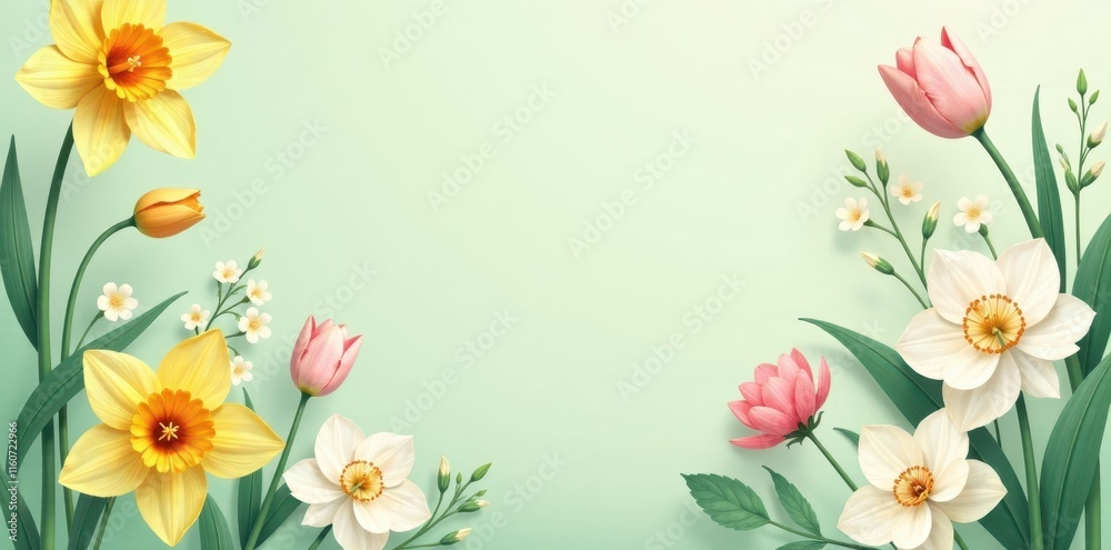 Springtime Floral Border Featuring Daffodils and Tulips on a Pale Green Background