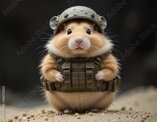 Adorable Hamster Soldier: A Tiny Warrior in a Military Vest and Helmet