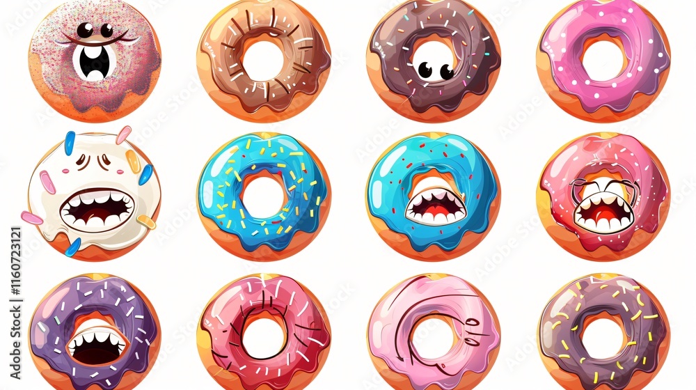 Fototapeta premium Hand Drawn Donuts with Various Emotions: Colored Vector Illustration