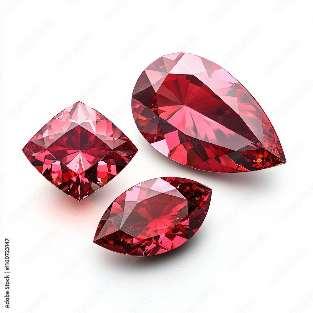 A Trio of Faceted Ruby Gemstones in Pear, Marquise, and Cushion Cuts on White Background A Trio of Faceted Ruby Gemstones in Pear, Marquise, and Cushion Cuts on White Background