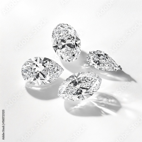 Brilliant Diamonds in Oval, Pear, and Marquise Cuts with Sparkling Reflections on a Minimal White Background