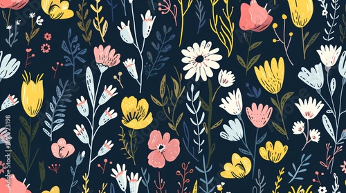 Hand Drawn Flower Burgeons Seamless Pattern in Colored Vector photo