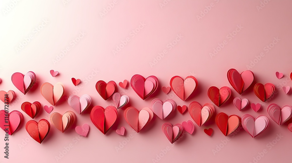 A charming arrangement of red and pink paper hearts is scattered on a pastel pink background, conveying love and warmth, ideal for Valentine's Day themes, romance, and heartfelt occasions A charming arrangement of red and pink paper hearts is scattered on a pastel pink background, conveying love and warmth, ideal for Valentine's Day themes, romance, and heartfelt occasions