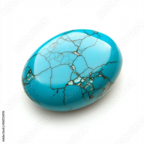 Oval-Shaped Turquoise Gemstone with Natural Veining, Smooth and Vibrant Sky-Blue Surface Isolated on White photo