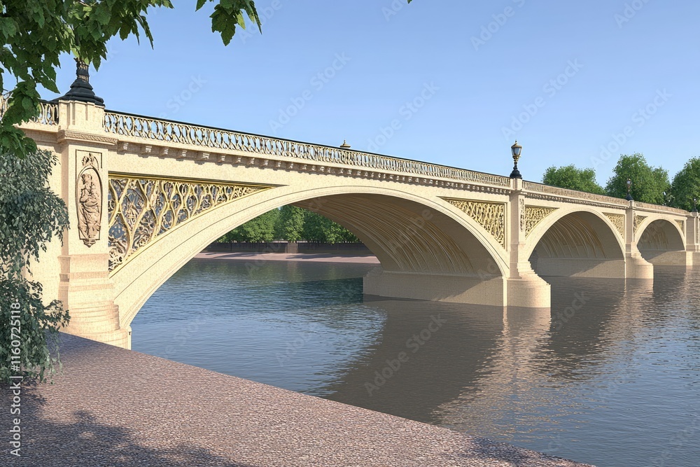 Fototapeta premium A decorative bridge spanning a calm river, showcasing architectural elegance and design.
