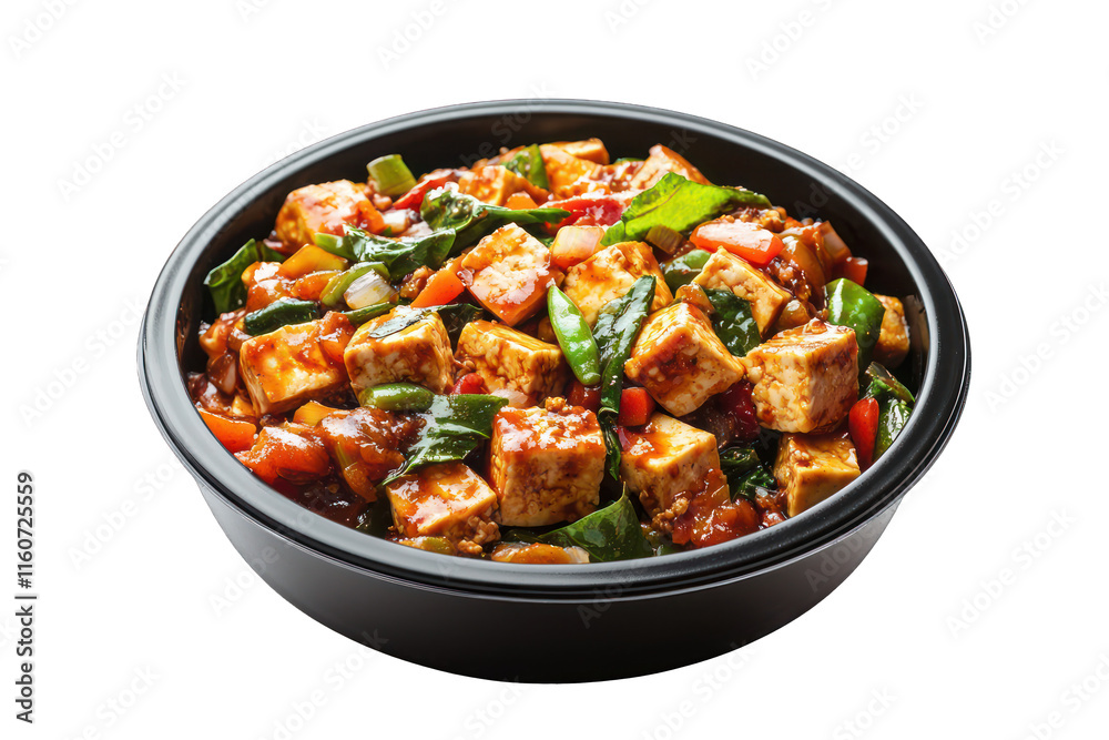 Flavorful vegetarian Mapo Tofu with spices, white PNG. Flavorful vegetarian Mapo Tofu with spices, white PNG.