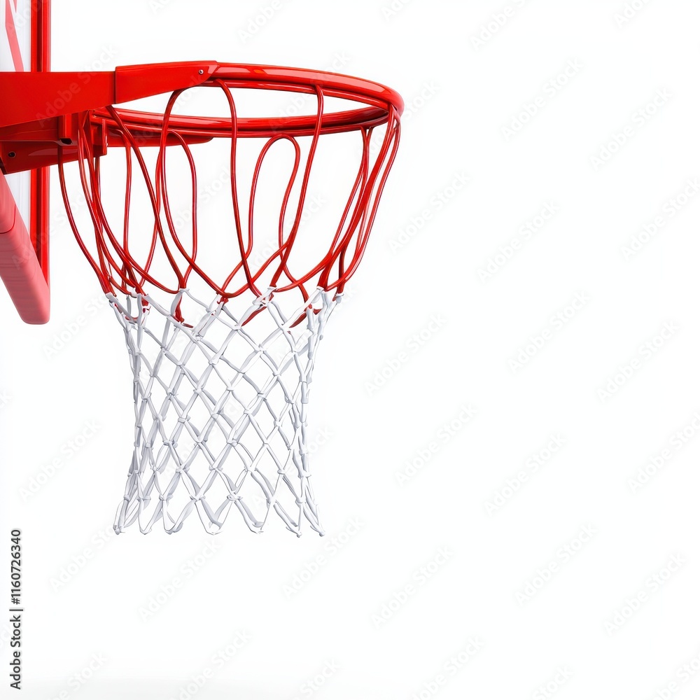 A close-up shot of a basketball hoop featuring a red rim and white net against a plain background. A close-up shot of a basketball hoop featuring a red rim and white net against a plain background.