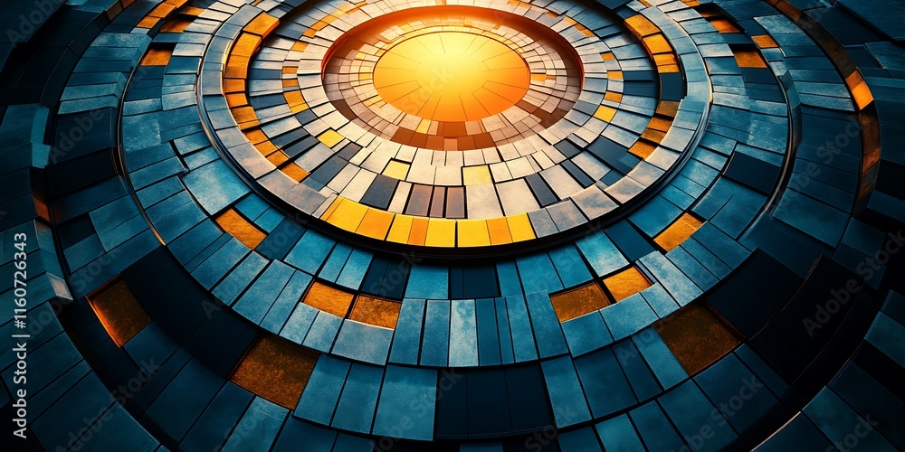 Naklejka premium Abstract circular pattern of blue and orange tiles radiating from a bright center.