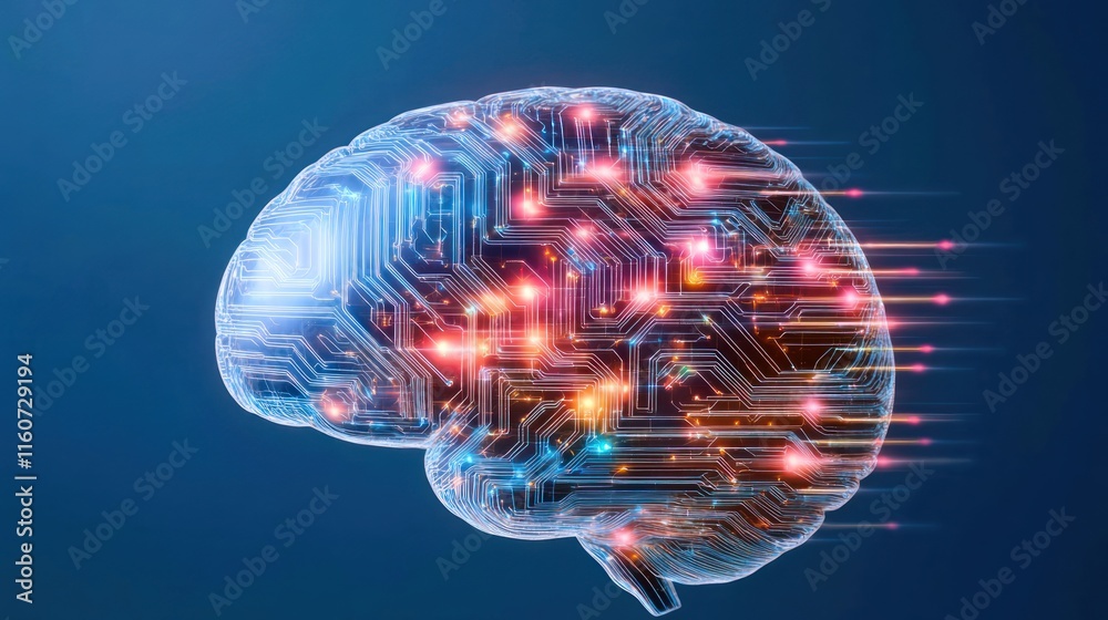 Futuristic brain with circuit patterns and glowing connections. Futuristic brain with circuit patterns and glowing connections.
