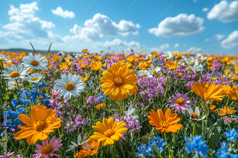 Obraz premium A bright meadow filled with wildflowers and buzzing insects,