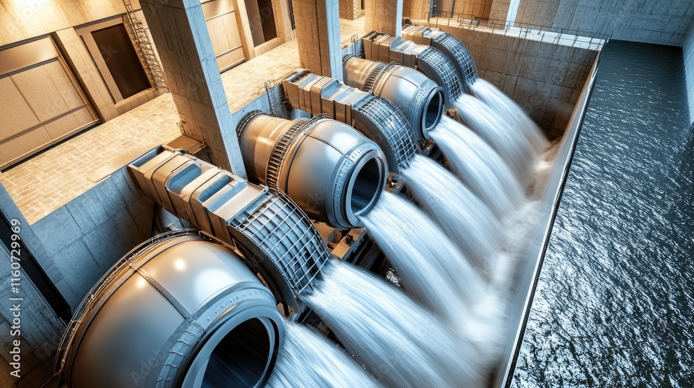 A hydroelectric facility with turbines generating power from flowing water. A hydroelectric facility with turbines generating power from flowing water.