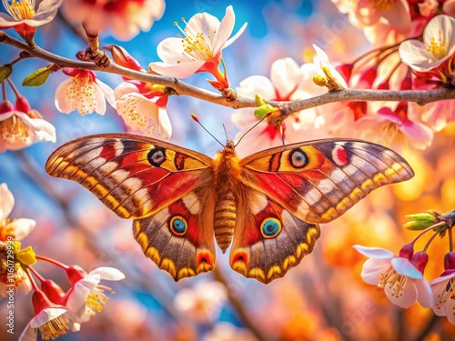 Silkmoth on Cherry Blossom Branch - AI Photorealistic Art photo