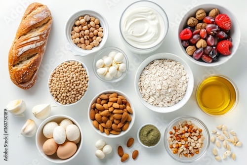 Flat lay of different healthy foods on a white table. photo