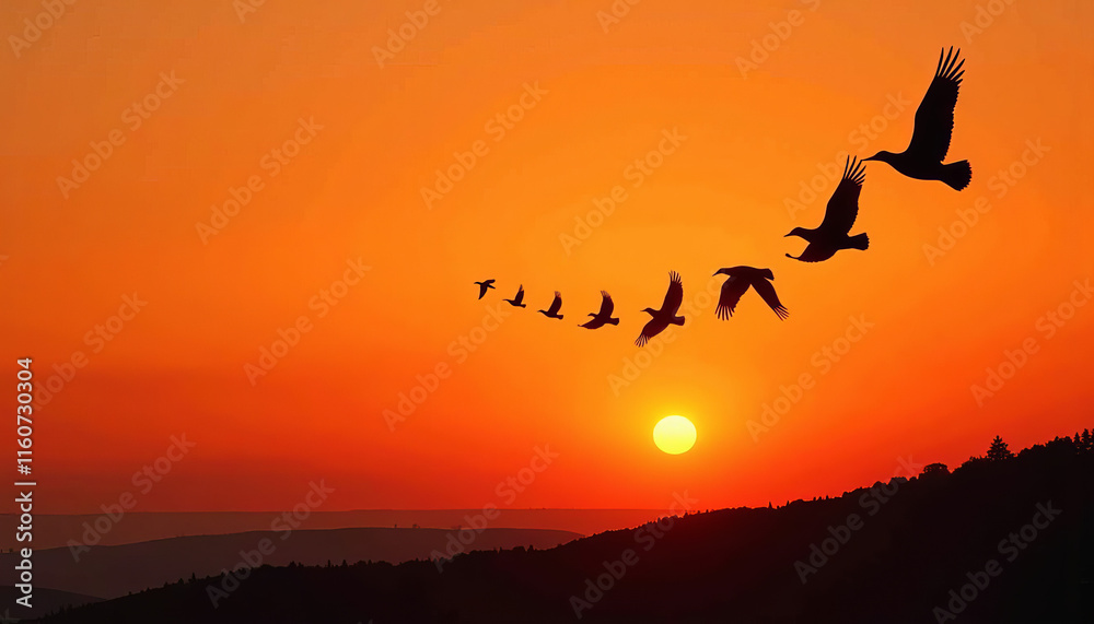 Fototapeta premium Birds Flying in Formation Silhouette at Sunset