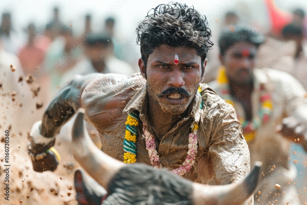 Makar Sankranti.A bull adorned with flowers and mud on its horns, energetically moving during a festival. Makar Sankranti.A bull adorned with flowers and mud on its horns, energetically moving during a festival.