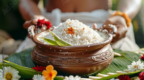 Pongal. A clay pot filled with traditional rice meal, garnished with turmeric, surrounded by sugarcane and flowers, set on a banana leaf. photo