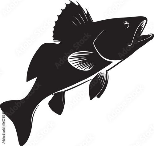 Walleye fish silhouette vector illustration with black color design on a white background.