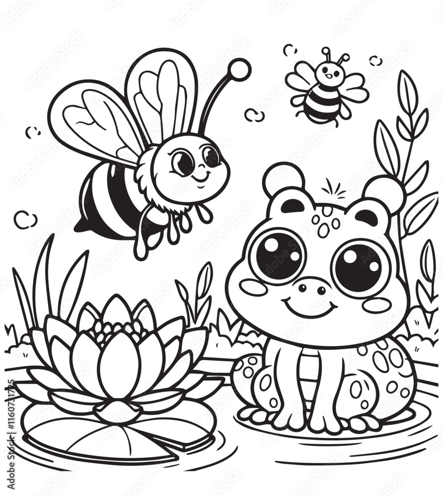 Coloring book cute honey with cute frog together Coloring book cute honey with cute frog together