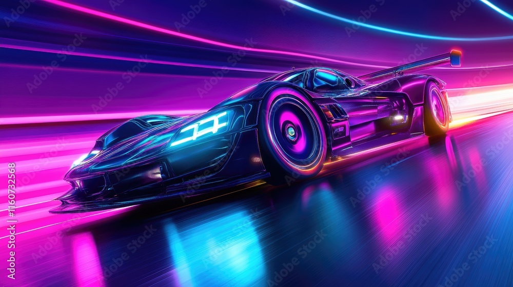 Neon Nights: Futuristic Sports Car Speeding Through a Vibrant Tunnel Neon Nights: Futuristic Sports Car Speeding Through a Vibrant Tunnel