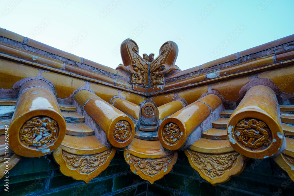 Yellow Chinese glazed roof tile on Tibetan architecture in the Four Great Regions Scenic Area of Summer Palace in Beijing