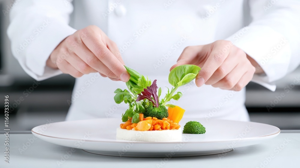 Chef plating a colorful vegetable dish with fresh greens. Chef plating a colorful vegetable dish with fresh greens.