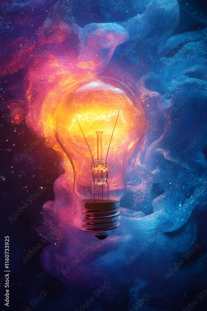 A glowing lightbulb surrounded by abstract thought waves, A glowing lightbulb surrounded by abstract thought waves,