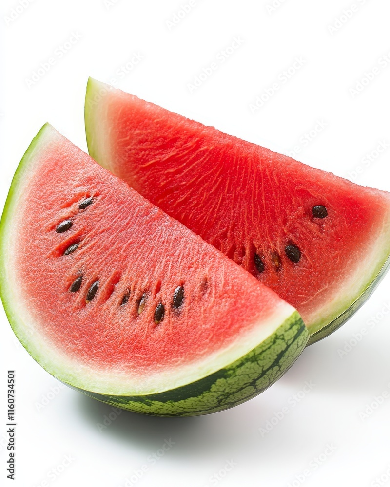 A triangular watermelon slice with visible seeds, placed beside a half watermelon, isolated on white A triangular watermelon slice with visible seeds, placed beside a half watermelon, isolated on white