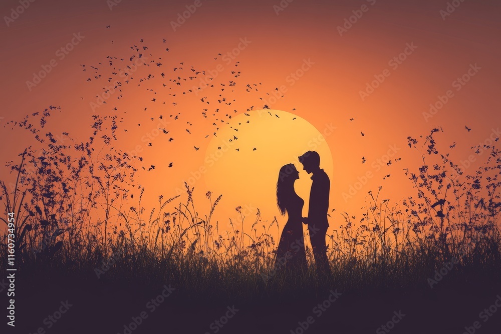 Couple embracing at sunset surrounded by silhouetted nature and birds in the evening sky Couple embracing at sunset surrounded by silhouetted nature and birds in the evening sky