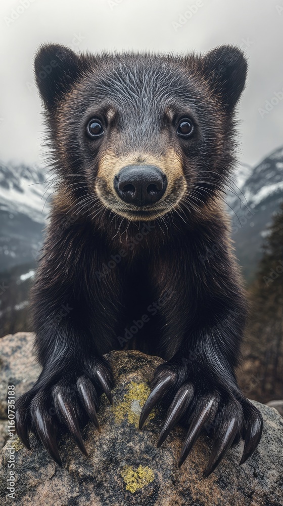 Fototapeta premium A close-up of a bear with sharp claws, set against a mountainous backdrop.