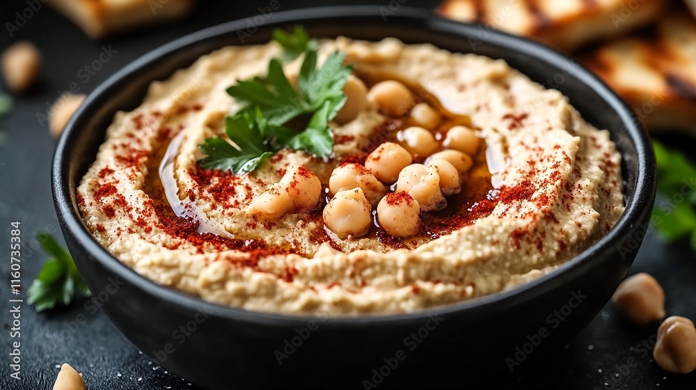 Hummus with Chickpeas in a Black Bowl. Hummus with Chickpeas in a Black Bowl.