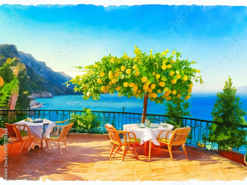outdoor cafe on the terrace of the hotel, cafe with lemon tree Adobe Illustrator Artwork