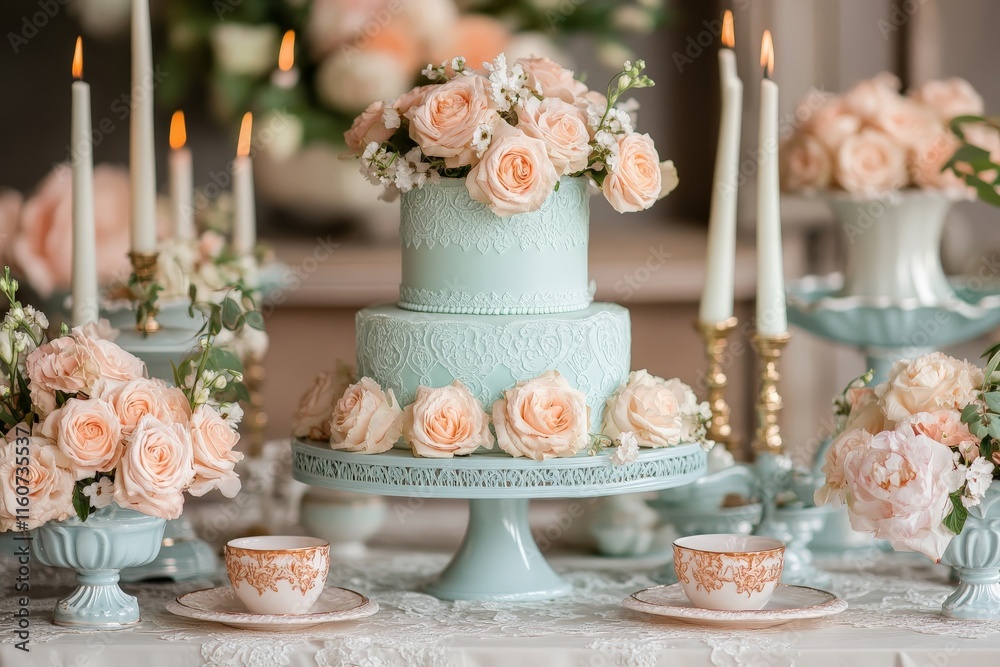Elegant dessert display with tiered cake and fresh roses in a beautifully styled setting Elegant dessert display with tiered cake and fresh roses in a beautifully styled setting