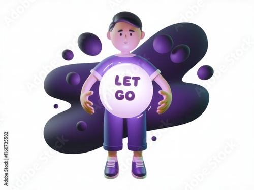 3D character holding a 'Let Go' sign with abstract shapes in the background photo