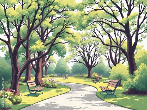 there is a painting of a park with benches and trees. photo