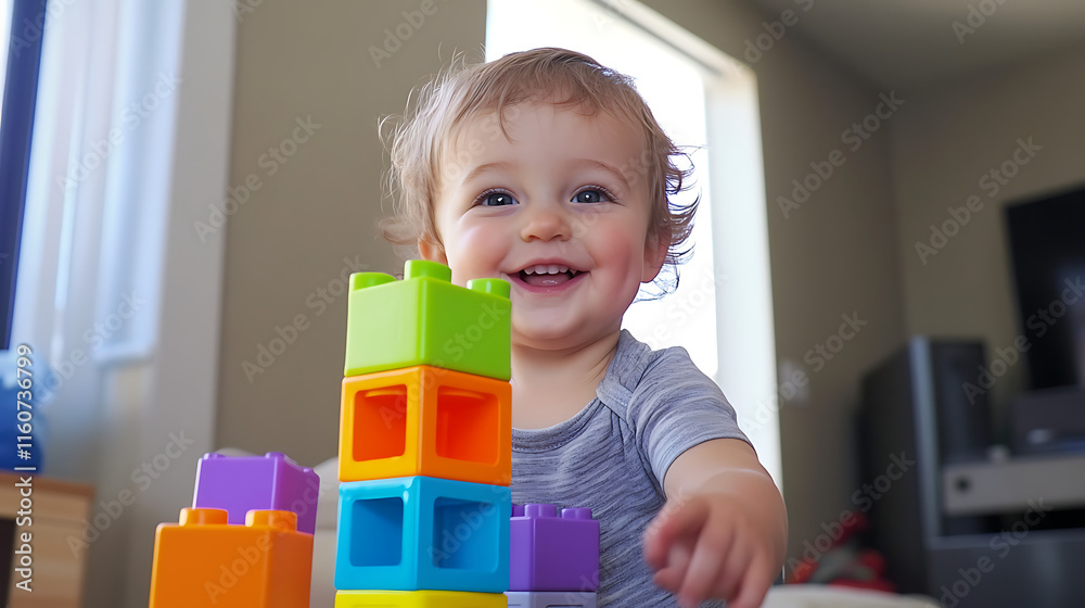 Curious toddler stacking blocks in new patterns while learning shapes Curious toddler stacking blocks in new patterns while learning shapes