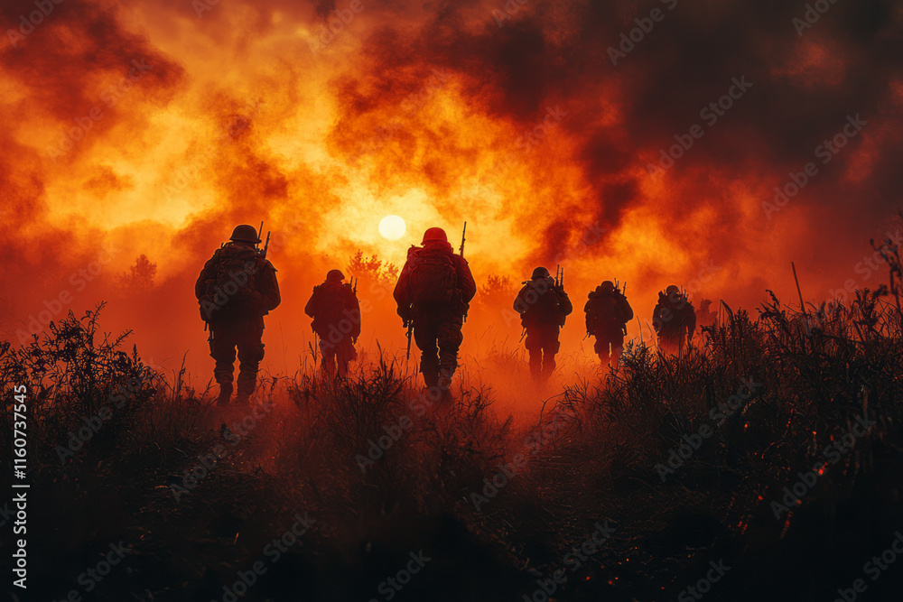 Fototapeta premium A battlefield shrouded in smoke with silhouettes of soldiers advancing,