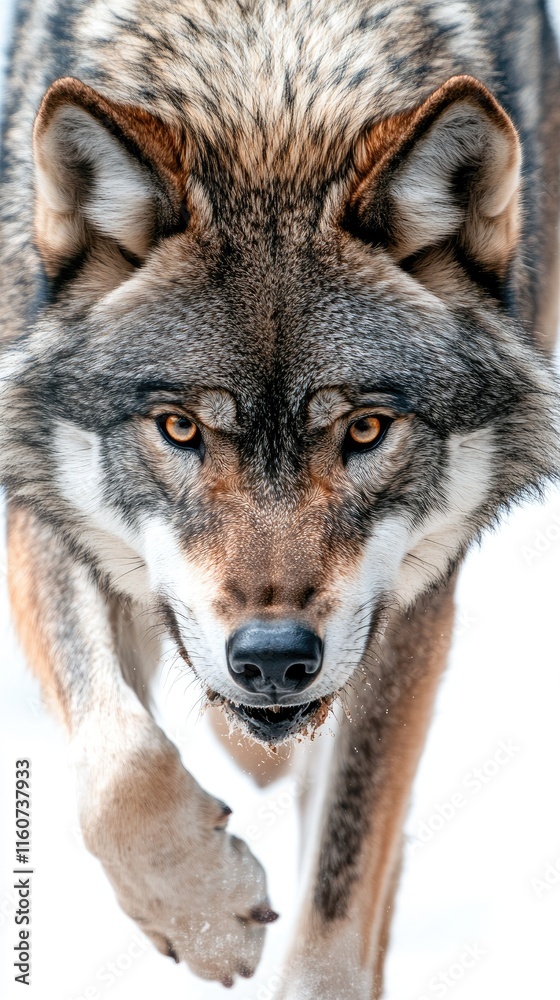 Fototapeta premium A close-up of a wolf walking towards the camera in a snowy environment.
